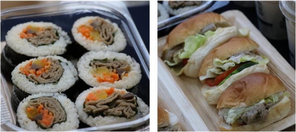 지구인컴퍼니에서 대체 육류로 만든 김밥과 샌드위치.