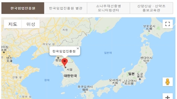 임업진흥원 안내 지도에 동해가 일본해로 표시돼 있다.