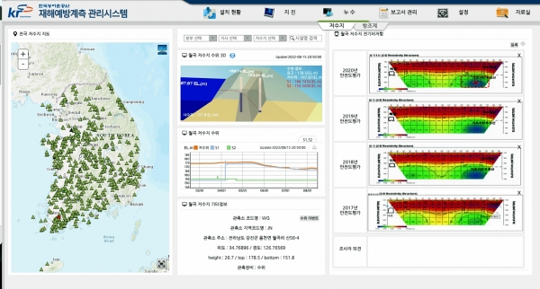 한국농어촌공사가 지진가속도계측과 제방누수계측을 측정 관리하고 있는 재해예방계측관리 시스템화면 모습.