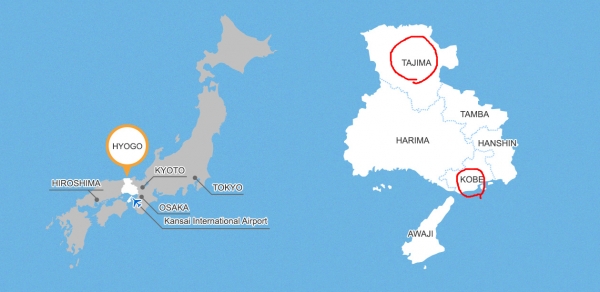 일본내 효고현(왼쪽)과 효고현내 타지마와 고베시 지도(오른쪽)